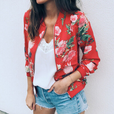 

Roseonmyhand Womens Ladies Retro Floral Zipper Up Bomber Jacket Casual Coat Outwear