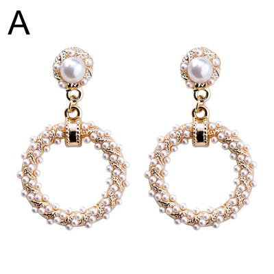 

Baroque Hollow Square Circle Faux Pearl Charm Stud Earrings Women Jewelry Gift