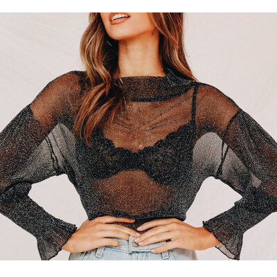 

Women Mesh Perspective Split Long Sleeve Tops Flare Sleeve Sunscreen Blouse