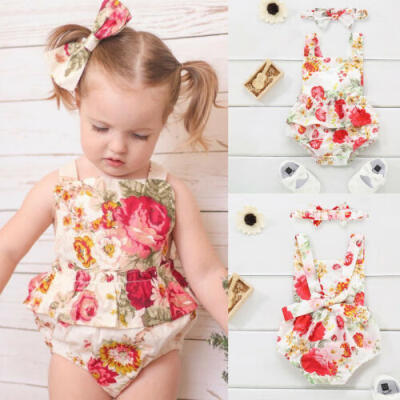 

US Stock Newborn Baby Girl Floral Romper Bodysuit Headband Outfit Summer Clothes