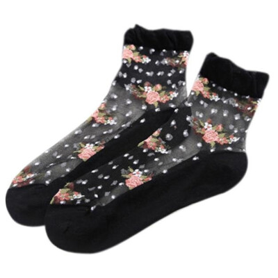 

1 Pair Women Socks Transparent Crystal Silk Socks Rose Flower Elastic Short Socks