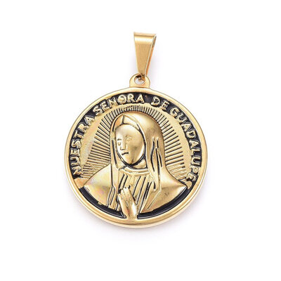 

304 Stainless Steel Pendants Flat Round with Word Nuestra Senora De Guadalupe Antique Golden 34x30x4mm Hole 9x5mm