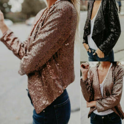 

UK Womens Casual Long Sleeve Short Jacket Ladies Sequin Suit Coat Tops Outwear