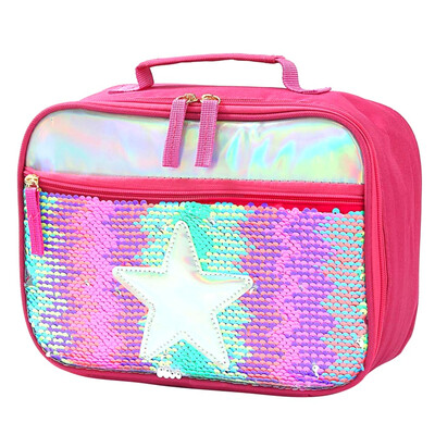 

Kids Shining Sequin Insulated Lunch Box Bag With Smooth Zipper Front Pocket Cute