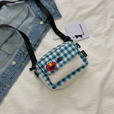 

Cartoon cute shoulder bag 2019 new style plaid canvas bag wild fairy small net red crossbody bag