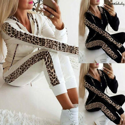 

Fashion Casual 2Pcs Women Leopard Long Seleeve Hoodies Sports Tops Pants Tracksuit Sweatshirt Sweat Suit