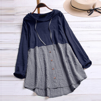 

Tailored Women Patchwork Plaid O-Neck Hooded Long Sleeve Plus Size Top T-Shirt Blouse