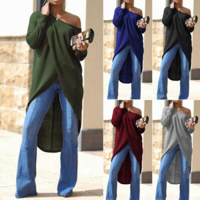 

UK Women Off The Shoulder Plain High Split Asymmetric Long Tops Shirt Dress Plus