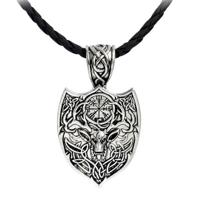 

Creative Style 1pcs Legendary Viking Aegishjalmur Amulet Pendant Necklace Large Double Deer Sekira Viking Nordic Talisman Pendant