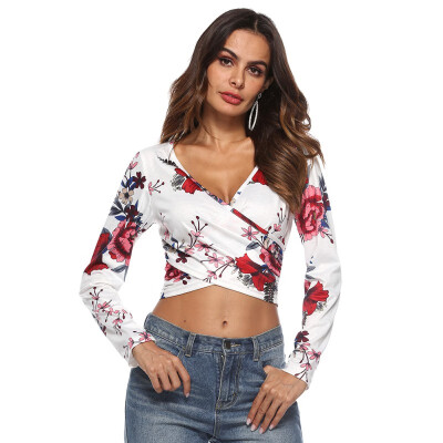 

Sexy Cross Wrapped Chest Exposed Female T-shirt Print Long Sleeve T-shirt Woman V Neck Exposed Umbilical Tees Casual Tops