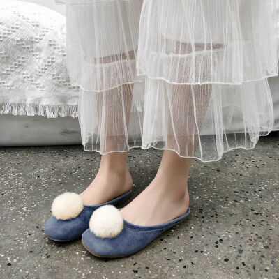 

Rose Slippers Female Spring Shallow Mouth Hair Ball Flat Bottom Scoop Shoes