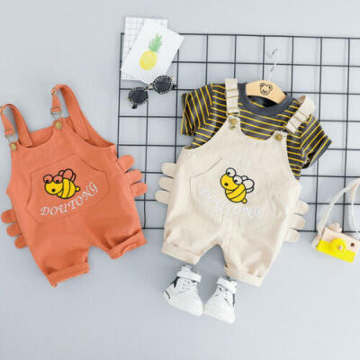 

US 2PCS Kids Baby Boys Clothes Stripe Short Sleeve TopsBib Pants Outfit Summer