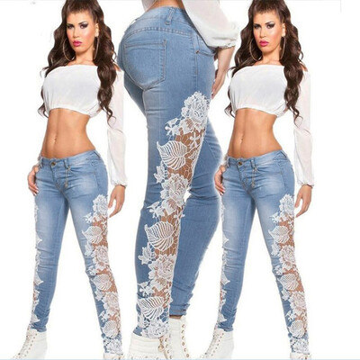 

Gobestart Fashion Women Lace Hollow Out Floral Appliques Skinny Denim Jeans Pencil Pants