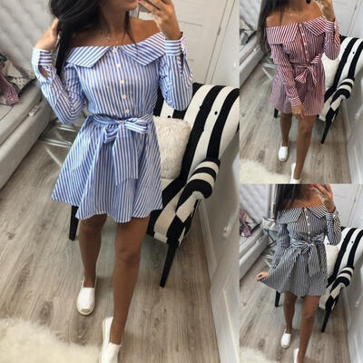 

Women&39s Off Shoulder Maxi Dress Long Sleeve Stripe Loose Evening Party Cocktail Short Shirt Dresses