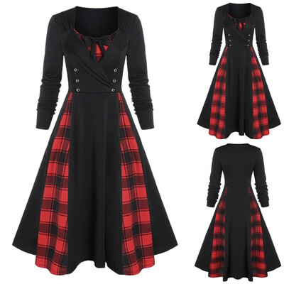 

Tailored Fashion Womne Plus Size Plaid Print Mock Button Faux Twinset Midi Vintage Dress