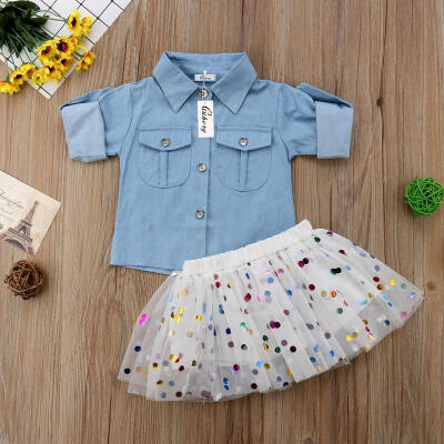 

2018 New Summer Baby Girls Kids Outfits Long Sleeve ShirtSkirts Princess Party Dress Clothes