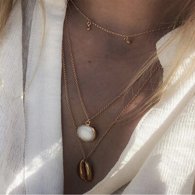

Fashion Women Necklaces Beads Pearl Shell Pendant Clavicle Chain Multilayer Gold Long Necklace Set Dance Party Jewelry