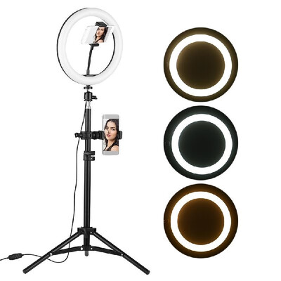 

10 Inch Desktop LED Video Ring Light Lamp 3 Lighting Modes Dimmable USB Powered with Phone Holder Ballhead Adapter 80cm Light Stan