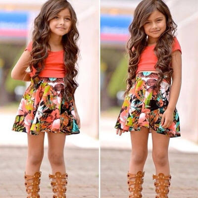 

2015 Baby Kids Girls Dress Tops ShirtSkirt Flower 2-Pieces Outfits Set 2-10Y