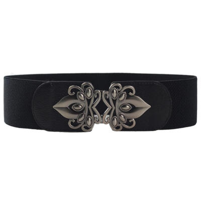 

Vintage Solid Color Wide Waistband Metal Hollow Flower Buckle Elastic Women Belt