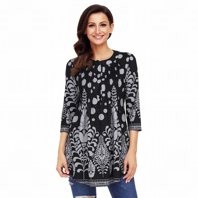 

Round neck cropped sleeve printed single-breasted bohemian straight top
