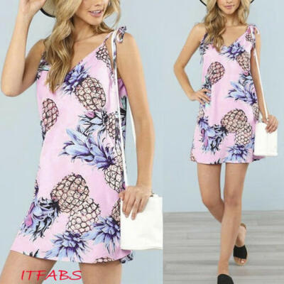 

Summer Womens Fashion Pineapple Print Sleeveless Shirt Dress Sundress Beachwear