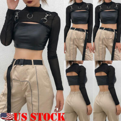 

Womens Long Sleeve Crop Top Sheer Mesh See Through Fishnet T-Shirt Cut Off Sexy