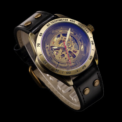 

Gobestart Hollow Steampunk Watch Mens Leather Retro Mens Automatic Mechanical Watch