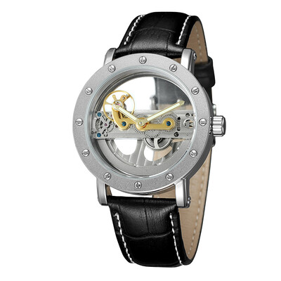 

FORSINING waterproof leather steel belt double through hollow automatic mechanical watch mens watch