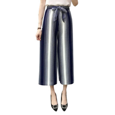 

Fashion Womens Elegant Striped Split High Waisted Belted Loose Wide Leg Pants