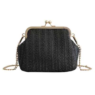

Fashion Summer Beach Women Kiss Lock Straw Woven Chain Crossbody Shoulder Bag
