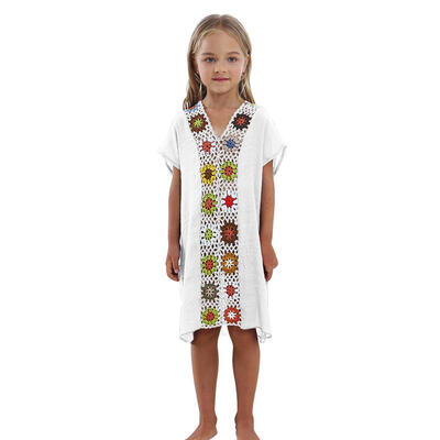 

Kids Girls Fashion Loose Hollowed-Out Crochet Flowers V-Neck Beach Dress