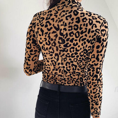 

Women Leopard Print Turtle Neck Blouse Autumn Long Sleeve T-shirts Party Tops