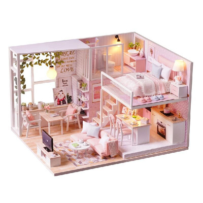 

DIY Miniature Loft Dollhouse Kit Realistic Mini 3D Pink Wooden House Room Toy with LED Lights Dust Cover Music Box