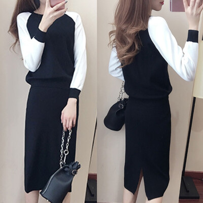 

Tailored Women Long Sleeve Split 2 Piece Set Casual Color Matching Outfit Skirt