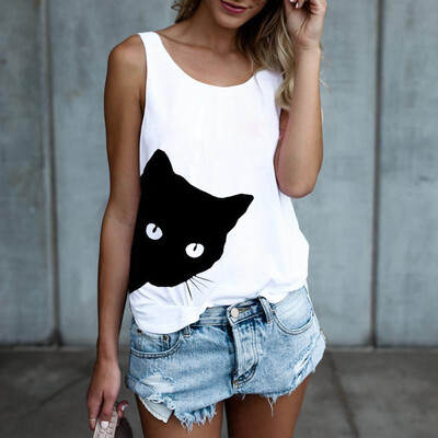 

New Fashion Women Tank Top Cute Cat Print Sleeveless Summer Autumn Vest Casual Tee Tops BlackWhiteGrey