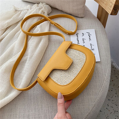 

Summer PU stitch saddle women messenger bag 2019 semi-circle candy color handbag straw woven female beach shoulder crossbody bag