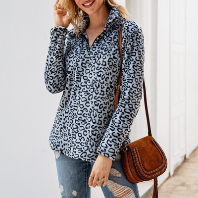 

Hoody Women Plush Sweatshirt Zipper Leopard Print Lapel Long Sleeve Casual Warm Winter Autumn Loose Tops White Gray