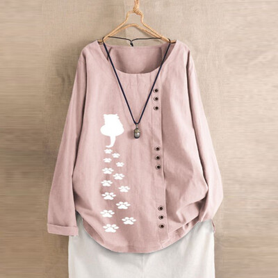 

Tailored Plus Size Women Long Sleeve Cotton Linen O-Neck Cat Print Blouse Top T-Shirt