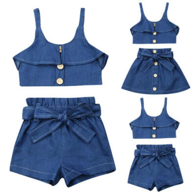 

UK Toddler Kids Girl Summer Denim Strap Tops ShortsSkirt Outfits Set Clothes