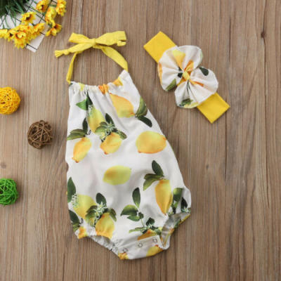 

Newborn Kids Baby Girl Lemon Print Romper Jumpsuit Bodysuit Headband Outfit Set