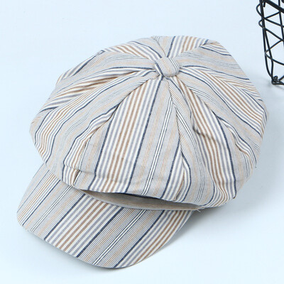 

Hat female spring&summer cotton striped octagonal hat net red casual Joker rib hat solid color artist Hat Chao