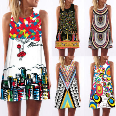 

Womens Boho Floral Sleeveless Ladies Summer Beach Loose Midi Long Dress Long Top