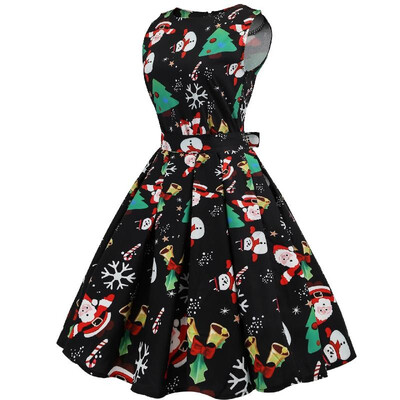 

C17 Cross-border Christmas Series Explosion Retro Hepburn Wind 50S60S Waist Large Size Womens Print Dress black