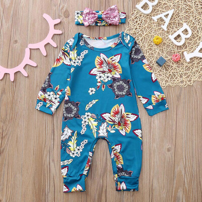 

Infant Baby Girls Long Sleeve Floral Print Jumpsuit RomperHeadband Outfits