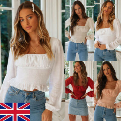 

UK Fashion Women Cropped Tops Tee Casual T-shirts Puff Sleeve Blouse Slim Fit