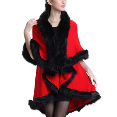 

Women Fine Knit Open Front Faux Fur Trim Layers Poncho Cape Shawl Cloak Cardigan Sweater Cape Coat New Arrived