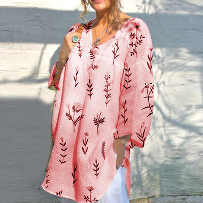 

Nomeni Summer Women V-neck Long Sleeve Casual Loose Printed T-shirts Blouse Tops