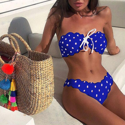 

Women Two Pieces Swimsuit Polka Dots Scalloped Lace up Bikini Set Bathing Swimwear