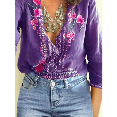 

Women T-Shirt Embroidered Flowers Tee Deep V-Neck Long Sleeve Shirts Top Blouse